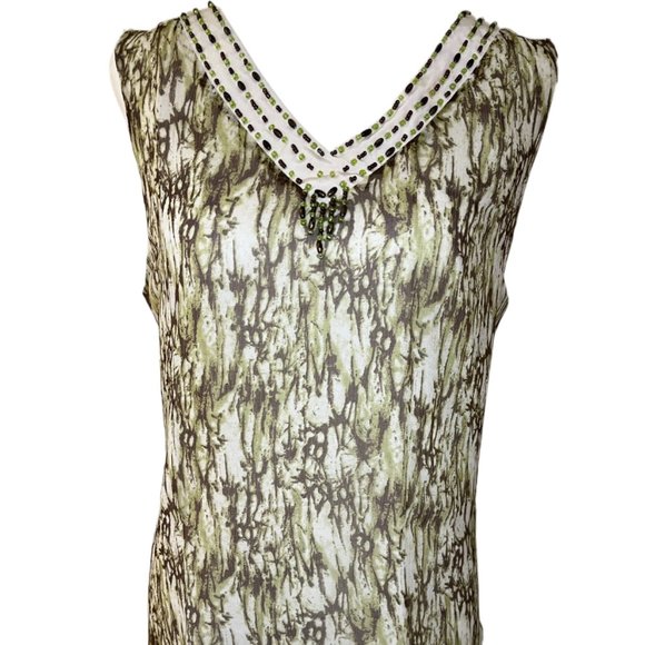 Bob Mackie Studio Cream, Brown & Green Lined Sleeveless 100% Silk Top  Size 6 - Picture 5 of 9